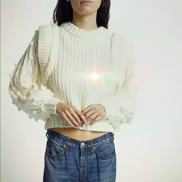 FARM Rio Cream Knit cropped Sweater with Pom-Pom Sleeves - Picture 9 of 10